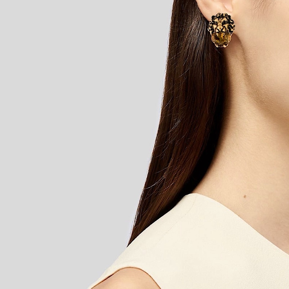 Gucci Gold Lion Head Earring with Large Stunning Yellow Crystal (Clip On) Italia - Picture 3 of 3